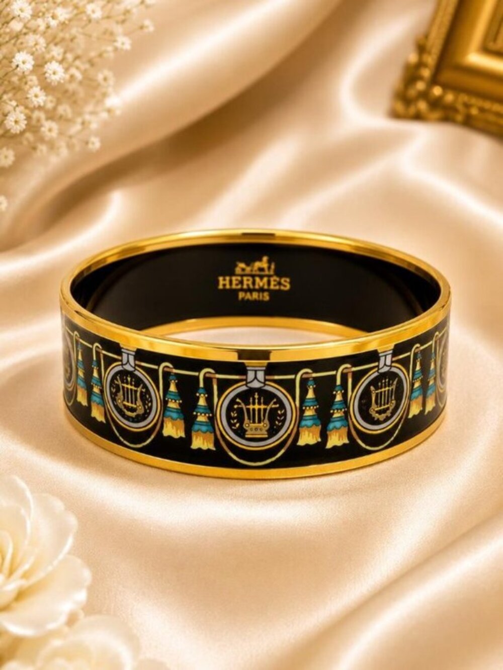 Hermès Printed Enamel Bangle Bracelet Black Gold Wide Cuff Authentic